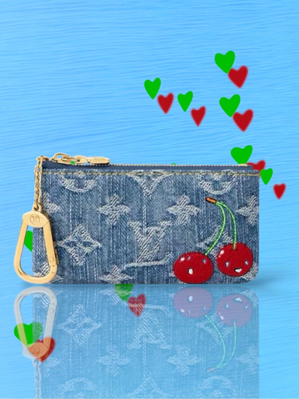🆕💗LOUIS VUITTON x MURAKAMI Re-Edition Monogram Cherry Motif Denim Key Pouch GHW